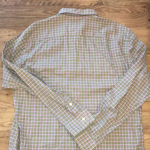 Pink Green Plaid Linen Cotton Work Chest Shirt L - Picture 4 of 4